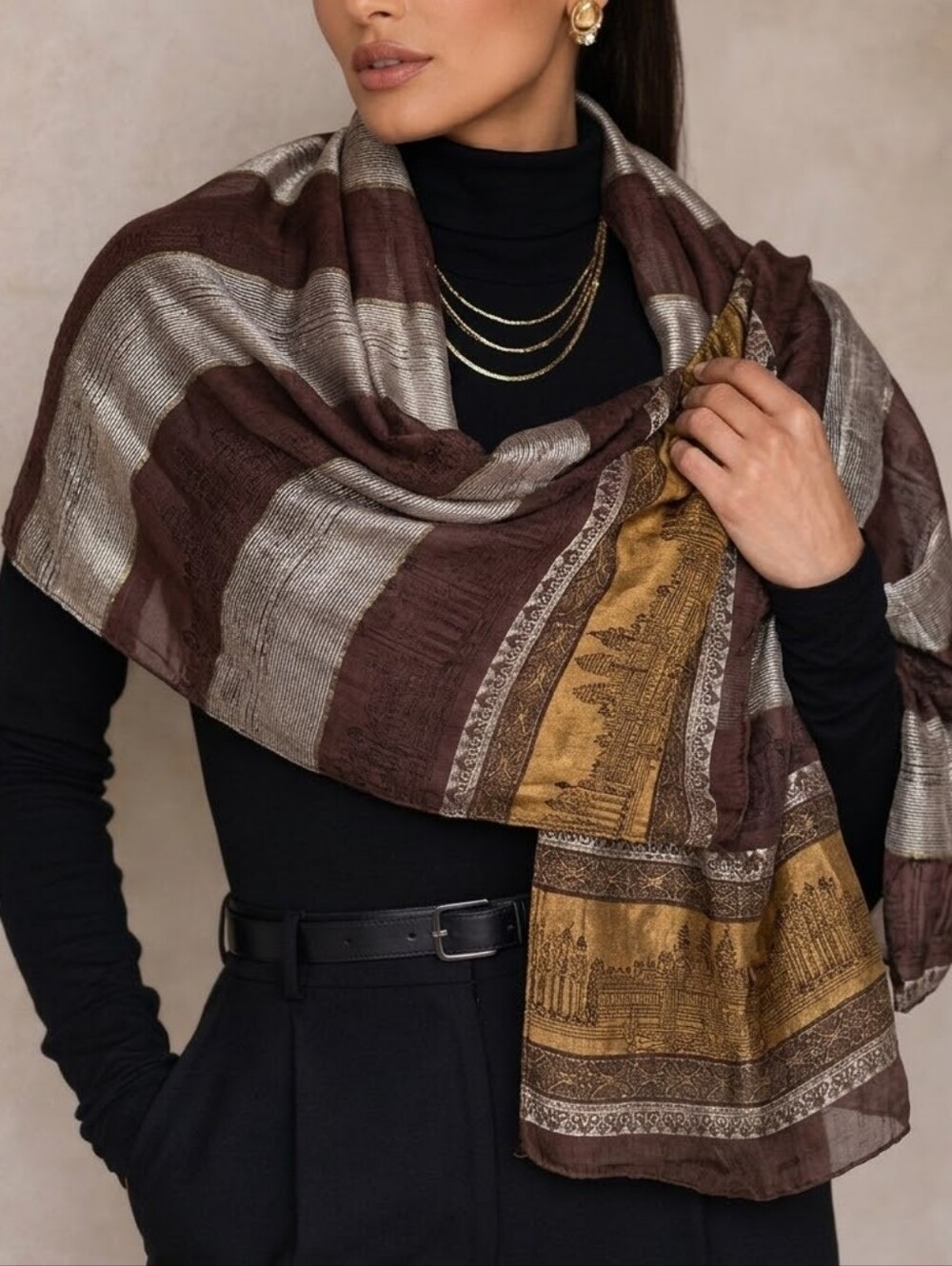 100% Silk Oversized Scarf Wrap | Brown Copper Gold Boho Luxe Shawl Scarf